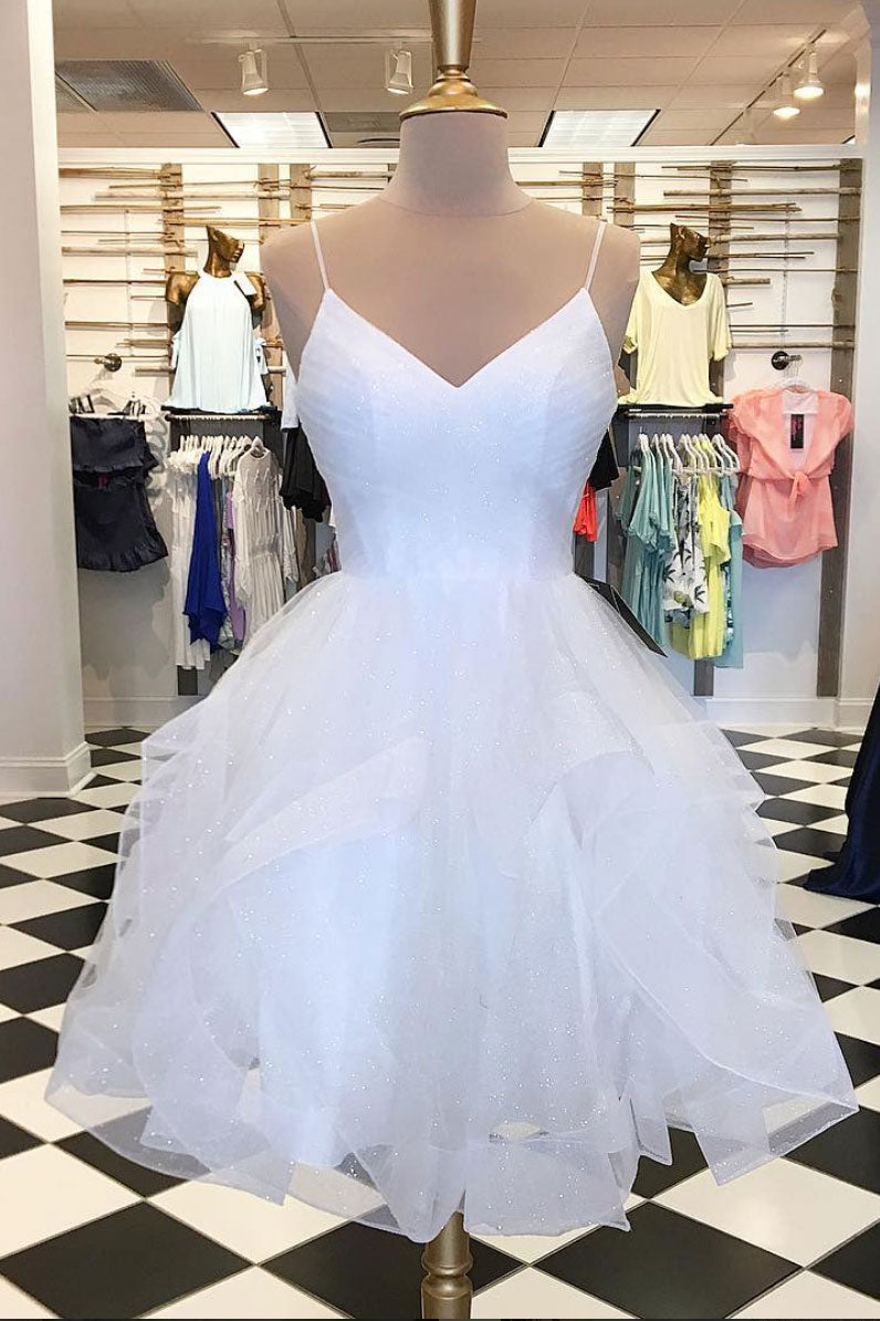 White v neck tulle short prom dress ...